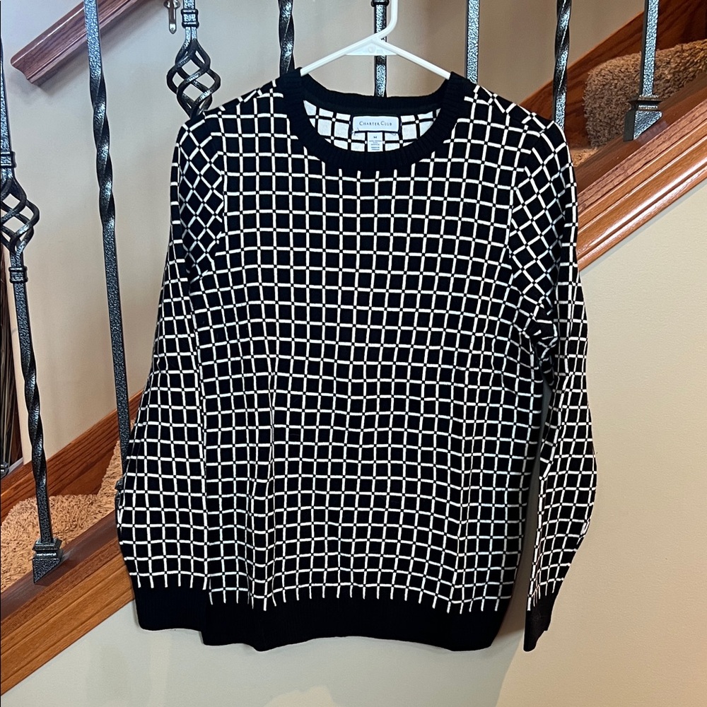 Charter Club Black and White Windowpane Crewneck Sweater